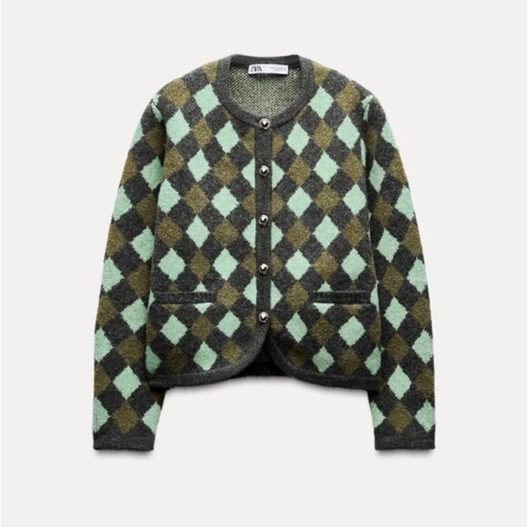 ZARA ARGYLE KNIT JACQUARD CARDIGAN - Picture 4 of 6